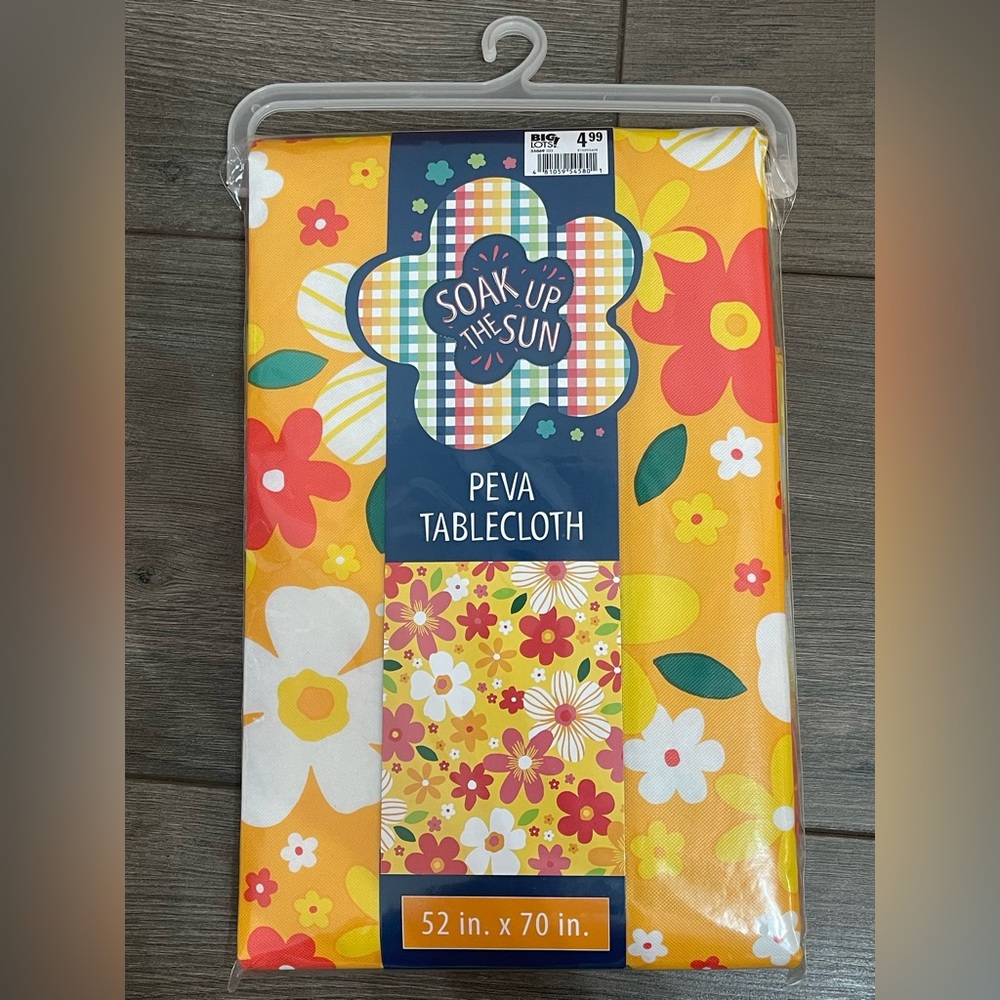 Peva Vinyl Kitchen Tablecloth, 52“ X 70“, MULTICOLOR SUMMER FLOWERS ON ORANGE